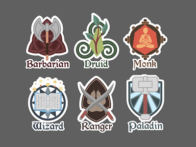 D&D class stickers (work in progress). adobe art collaboration dd dnd fantasy illustrator stickers wip