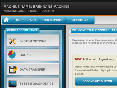 Control Panel UI blue breadcrumbs button control panel dashboard home html icons quick links ui