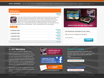 Megatouch.com blog dark games layout news orange starburst twitter website white wordpress