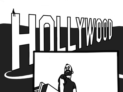 The Time He Climbed Up The H of The Hollywood Sign character digital painting drawing fun grayscale hollywood illustration man photoshop portrait wacom