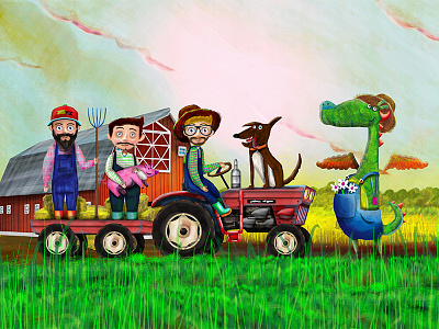Sunny the dino animation barn character character design dragon farm farmers hand drawing illustration traktor