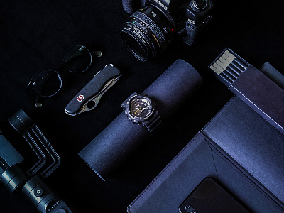 Boys toys arranged black camera canon casio isometric minimalist photo stabilizer watch