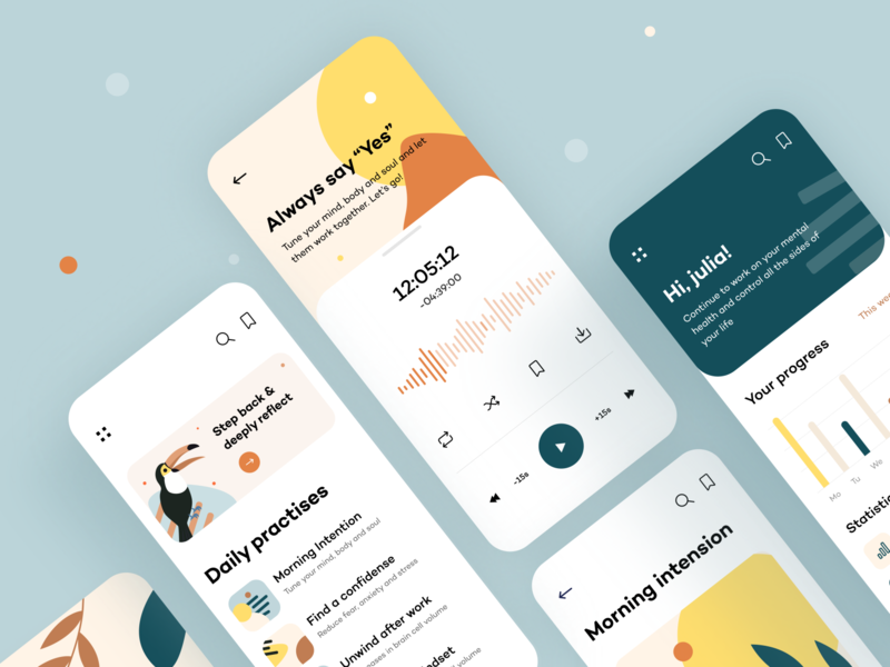 Serenity - Mobile App media player pattern abstact digital product illustrator figma calm meditation statistics analysis pastel toucan concept ui ux ios mobile app arounda