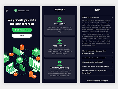 Airdrops - Mobile Responsive airdrops app blockchain crypto dark green isometric mobile ui ux