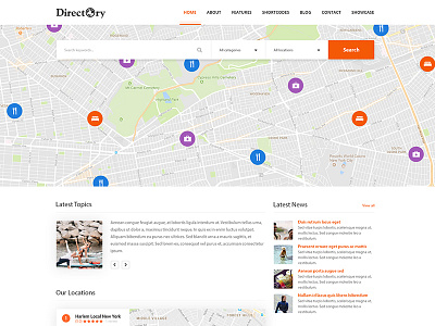 Directory Homepage articles homepage latest locations map minimal news orange pin reviews topic white