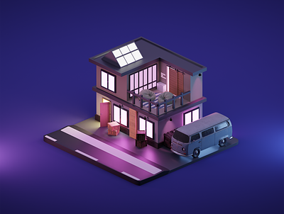 Night Home 3d clean illustration isometric