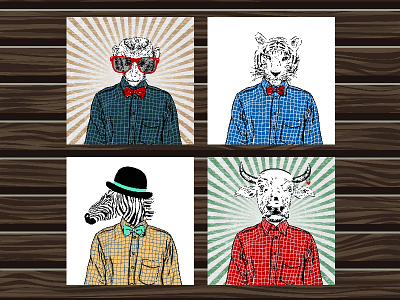 Fashion animals collection. animals bull collection illustration monkey set sunglasses the bow tie tiger vector wild zebra