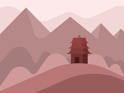 Red Sunrice🔴 dawn house illustration japan mountain red sunrise temple