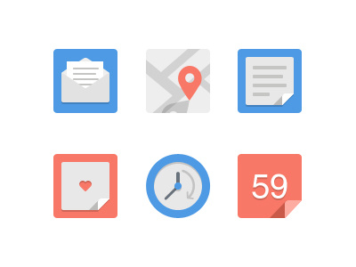 Simple flat icons set icons set flat red blue map letter file clock heart