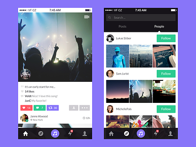 Snippit app explore feed flat ios music purple social network