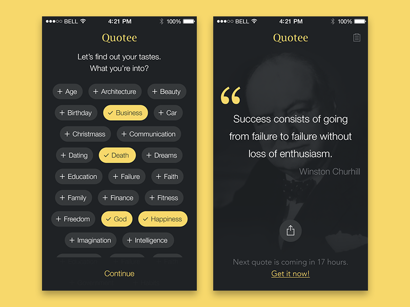 Quotee App app black cite ios project quote simple yellow