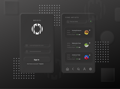 MOGOL - Music Crowdfunding App dark app ui dark ui mobile ui mobile uiux music app neumorphism ui ux