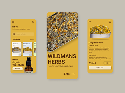 Wildman Herbs - Ecommerce App app appui branding e commerce e commerce app mobile ui mobile uiux organic shopping app shopping cart ui ux