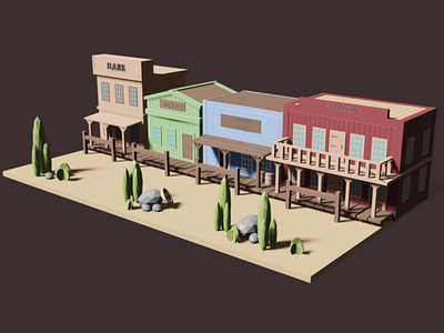 Old West Town Street (3D) 3d 3d model architecture blender3d game art game asset low poly old west rural town