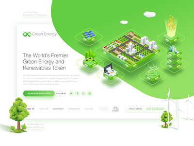 Green Energy Blockchain Landing Page Template bitcoin blockchain creative cryptocurrency energy green illustration isometric landing page recycle solar technology template website