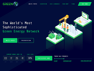 Greenx ICO Landing Page Design big data blockchain charts creative crypto wallet cryptocurrency data dataviz energy graphics greenhouse illustration servers solar energy technology terminal token