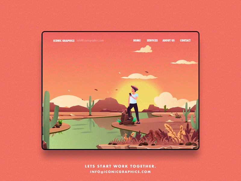 Web Animation Illustration IconicGraphics Mockup Small agency animation app branding cloud colorfull cowboy creative desert freelance illustration landingpage phone river technology ui vector web design wild west