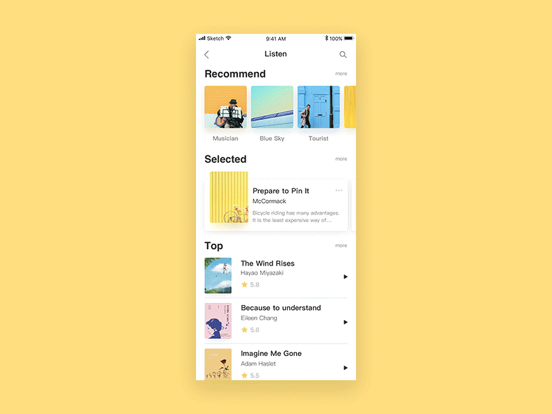 Listen-Selected app design interface ios ui ux yellow