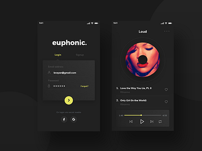 euphonic Music App clean creative dark app minimal mobile app modern music app ui