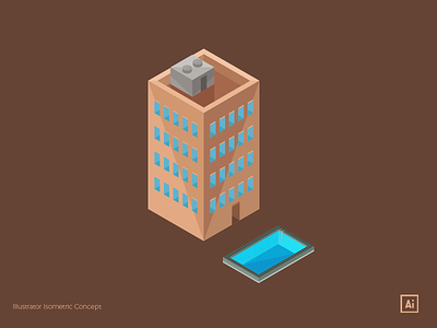 Isometric Office Building & Swimming Pool 3d icon isometric