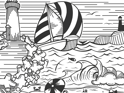 Seabright Beach illustration beach fish illustration illustrator lighthouse ocean sailboat seabright toys umbrella vector