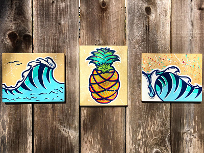 Two waves and a pineapple acrylic art design paint pineapple wave wood