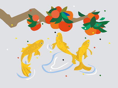 사사유여(事事有餘) carp draw flat gold gray illustration persimmon pond relax tree vector yellow