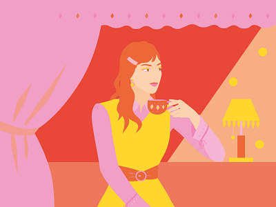 Tea time (coffee break) 2d break coffee illustration illustrator people pink tea vector woman yellow