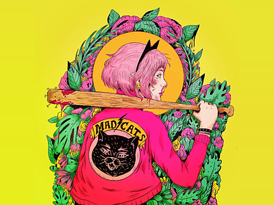 🐅 Don’t Mess With Me, Punk 🐅 art bandposter bright color combinations cat illustration design detailed doodle drawing ink editorial illustration flat background floral art hardcore illustration illustration design patch design punkrock rocker thug life tropical woman illustration