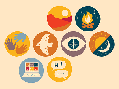 Outwild Illustrations badges bird campfire computer conversation hands icons illustration mindset moon mountains outdoors remote sun sunset