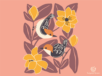 Nuthatch + Magnolias birds design flowers handdrawn illustration magnolia nuthatch