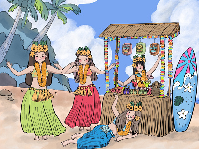Hawaiian Party cartoon character children drawing illustration