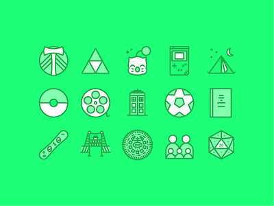 Favorite Things Icon Set camping d20 design food gaming iconography icons illustrator nintendo pokemon snowboarding vector