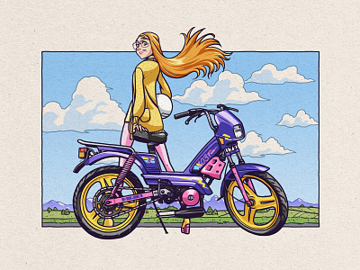 Honey X Peugeot 103 "Fun" 1989 1989 anime animedesign bighero6 bike colors countryside cyclo design drawing honey illustration manga mobylette moped peugeot pink purple vintage yellow