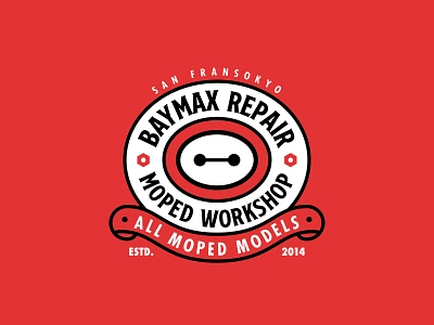 Baymax Repair badge logo badgedesign badgelogo baymax bihero6 black black white crossover disney fanart graphicdesign illustrator moped red redesign repair robot simpledesign vector workshop