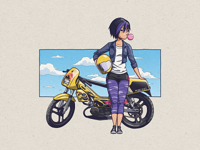 Gogo X MBK Magnum Racing 1995 bike biker blue cyclo illustration magnum manga moped motor photoshop pink purple racing truegrittexturesupply woman yellow