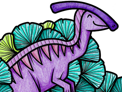 Penelope crayola crayons dino dinosaur for kids hand colored illustration illustrator leaf leaves parasaurolophus