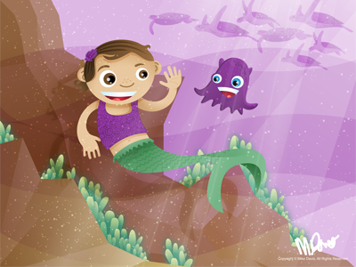 Mermaid Elliot for kids illustration inkpad mermaid squid turtles underwater vector