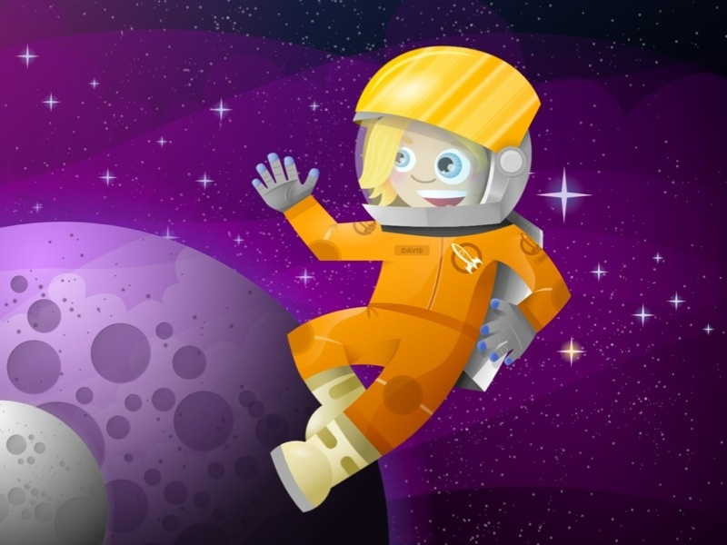 Super Astronaut Lady character design inkpad space astronaut planets space suit helmet visor stars for kids vector illustration
