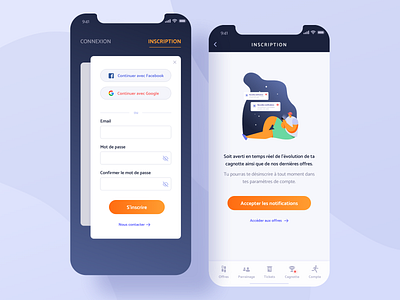 Sports cashback app - Sign in, Sign up and Notification page app blue connexion interface login mobile notification orange product design sign in sign up ui ux