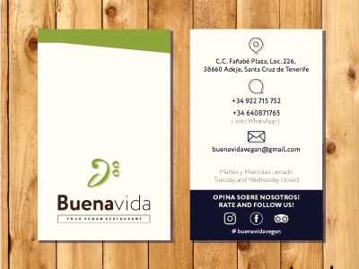 Business card Buenavida Tenerife brand business card cuisine graphic design logo music nature restaurant vegan