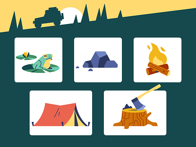 Overlanding Icons adventure axe campfire camping campsite destination exploration frog journey lily pad nature off road outdoors overlanding pond rock stump tent toad wood
