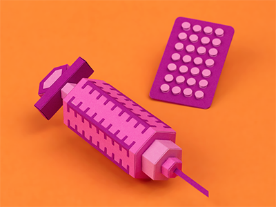 Paper syringe and pills contraception medicine orange paper paper art pills pink purple syringe