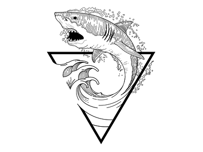 Great White apex predator black and white design great white illustration line art marine life ocean sea shark tattoo waves