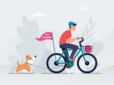 Hello Dribbble! bicycle bike corgi cyclist debut dog first short hello dribbble illustration illustrator invites thanks