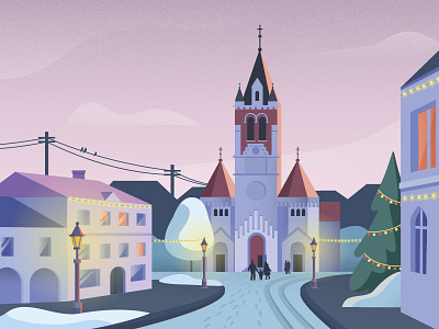 The great beauty of small towns. 2d art calendar christmas december illustration landscape uniqa vector winter