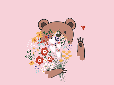 Flower and Bear animal card art colour cute art design flat design flower illustration line art love minimal spring