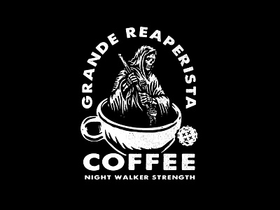 The Grande Reaperista adobe badge badge design bandmerch branding coffee coffee design design graphic design icon illustration logo logo design logos merch design reaper skull typogaphy vector