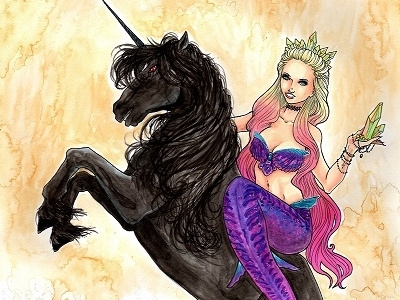 Krystal black unicorn copic crown crystal mermaid mermay pinup unicorn watercolor