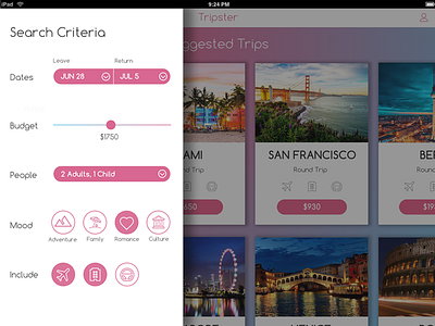 Travel Discovery App - iPad UI cards design drawer ios mobile travel ui design ux